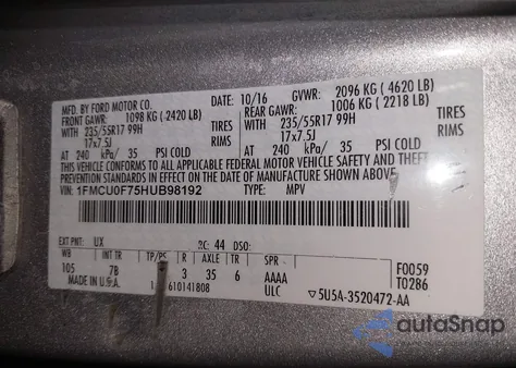2017 Ford Escape S from USA, damaged, VIN 1FMCU0F75HUB98192